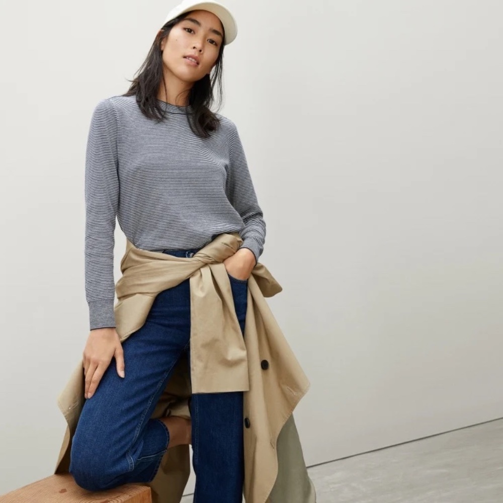 Everlane Organic Cotton Crewneck Sweater- Navy/White striped